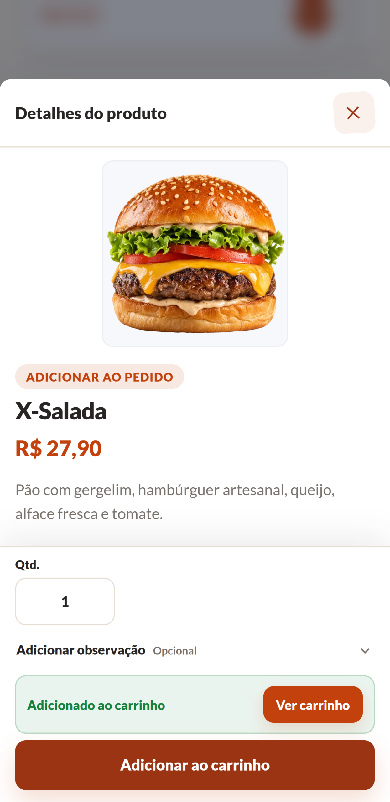 Cliente personaliza o pedido