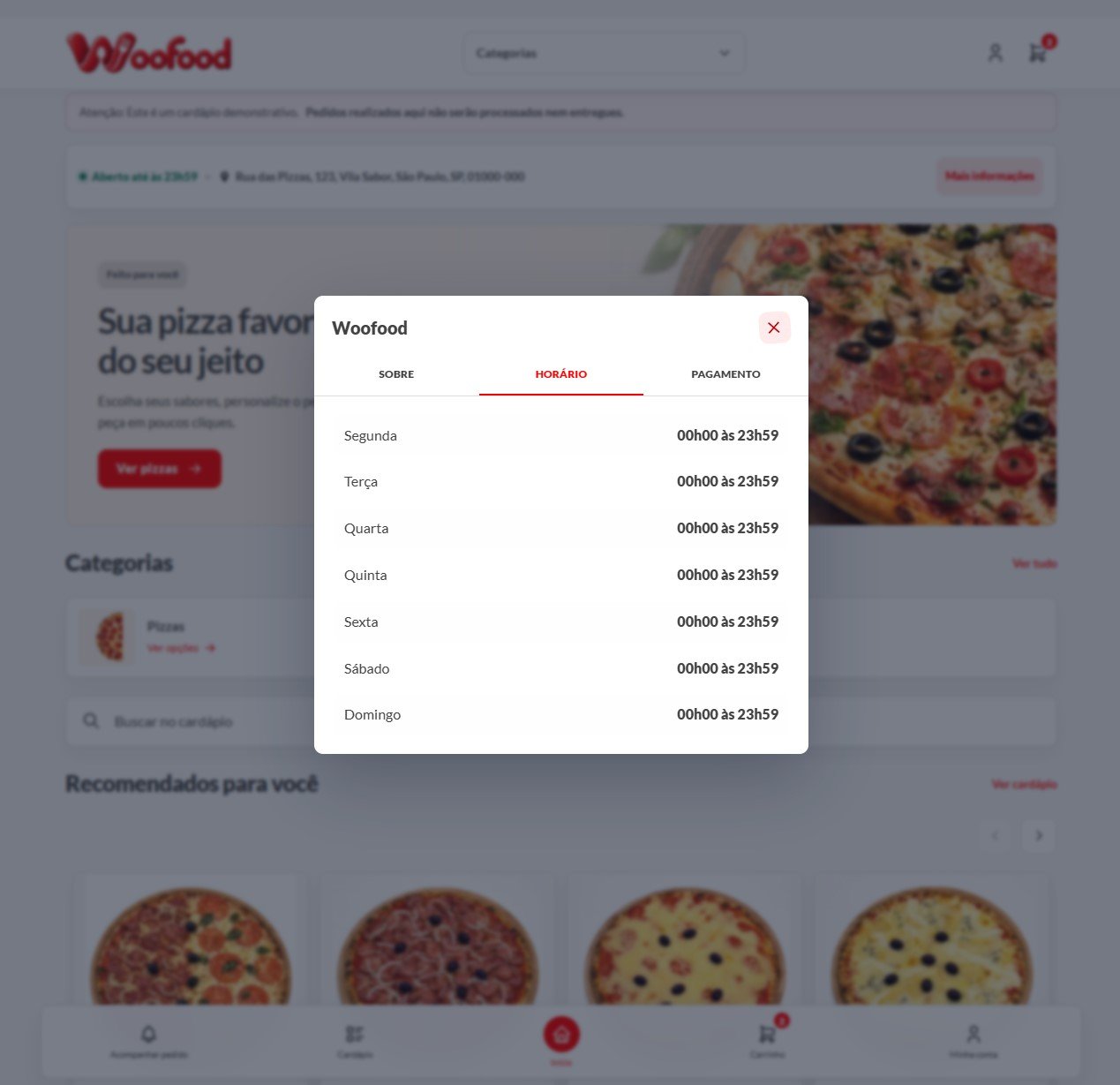 Configuração de horários WooFood